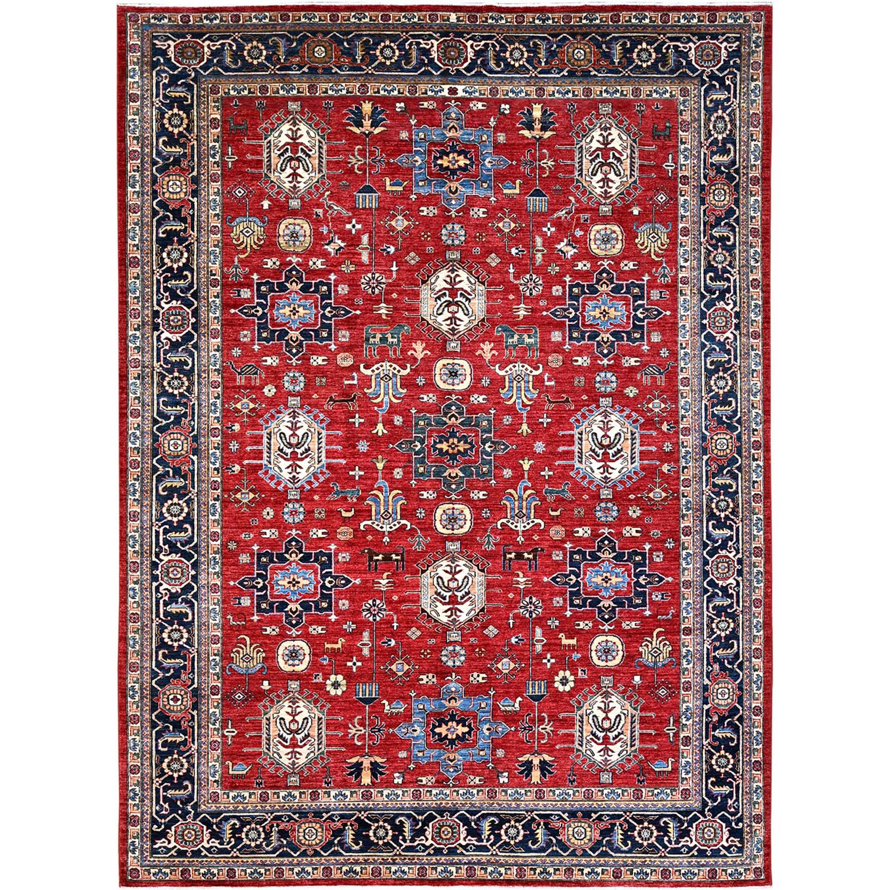 Toreador Red and Midnight Blue, Afghan Super Kazak with Geometric Medallions, Hand Knotted, Denser Weave, Pure Wool, Natural Dyes, Oriental Rug 